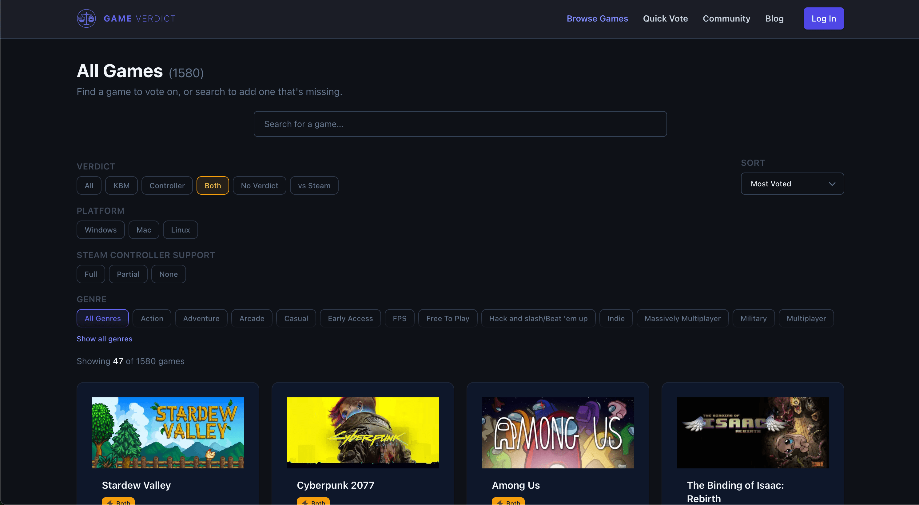 Game Verdict's browse page with platform and sort filters applied, showing a grid of games with verdict badges and vote counts.