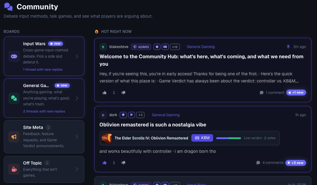 The Game Verdict community index: four boards down the left with unread badges, and a 'Hot right now' feed showing a pinned welcome post and a thread with an embedded game verdict.