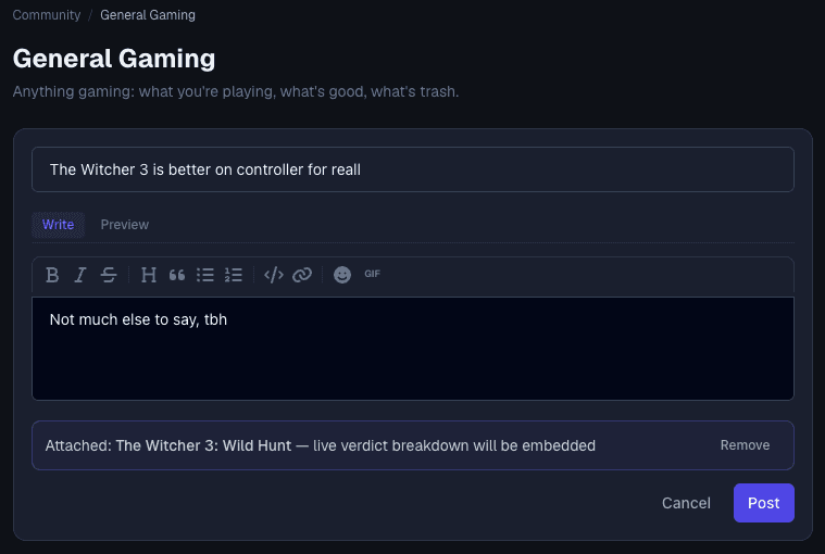 Writing a post in Game Verdict: a title field, Write and Preview tabs, a markdown formatting toolbar, a body field, and an attached game showing that its live verdict breakdown will be embedded.