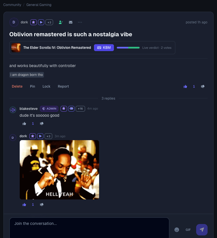 A Game Verdict community thread titled 'Oblivion remastered is such a nostalgia vibe', with the game's cover art and a live KBM verdict bar embedded under the title, moderator actions reading Delete, Pin, Lock and Report, and two replies below, one of them an animated GIF.