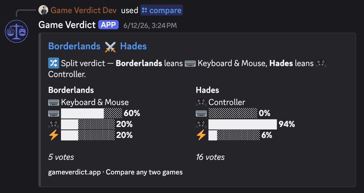 A Discord embed comparing two games side by side with their vote breakdowns.