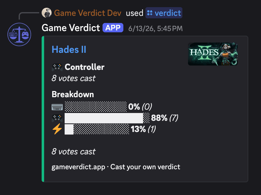 A Discord embed from the Game Verdict bot showing the verdict for Hades II, with cover art thumbnail and a vote breakdown.