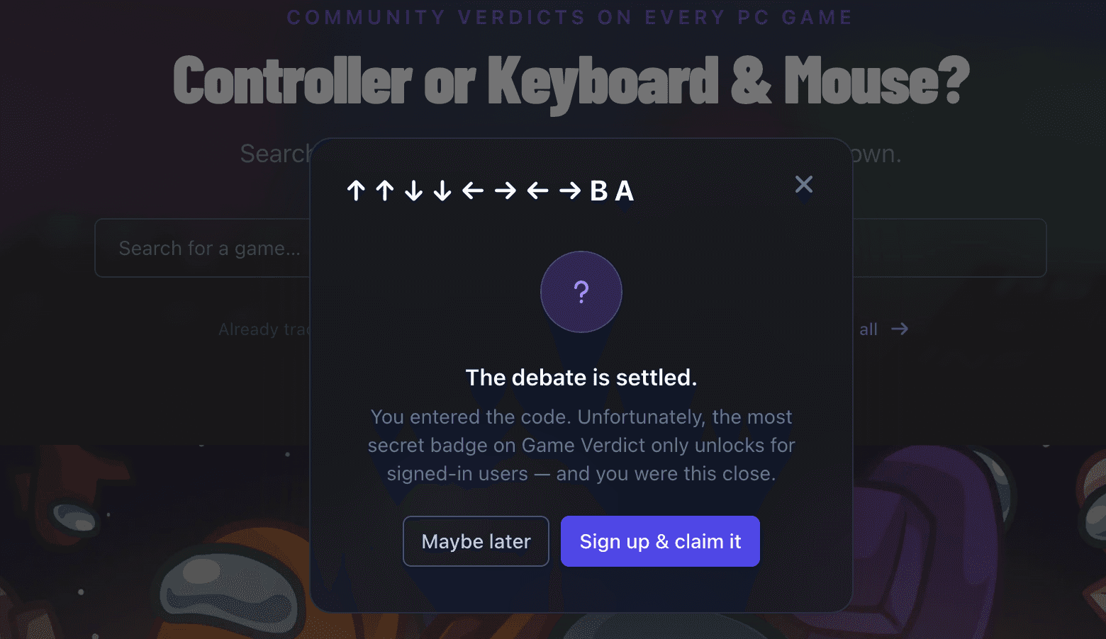The first-time Konami dialog, titled with the arrow sequence, reading: the debate is settled.