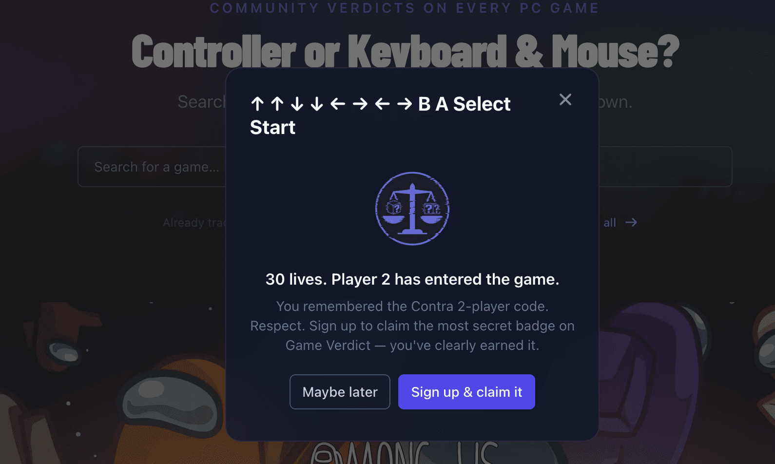 The two-player Konami dialog, titled with the sequence plus Select and Start, reading: 30 lives. Player 2 has entered the game. You remembered the Contra 2-player code. Respect.