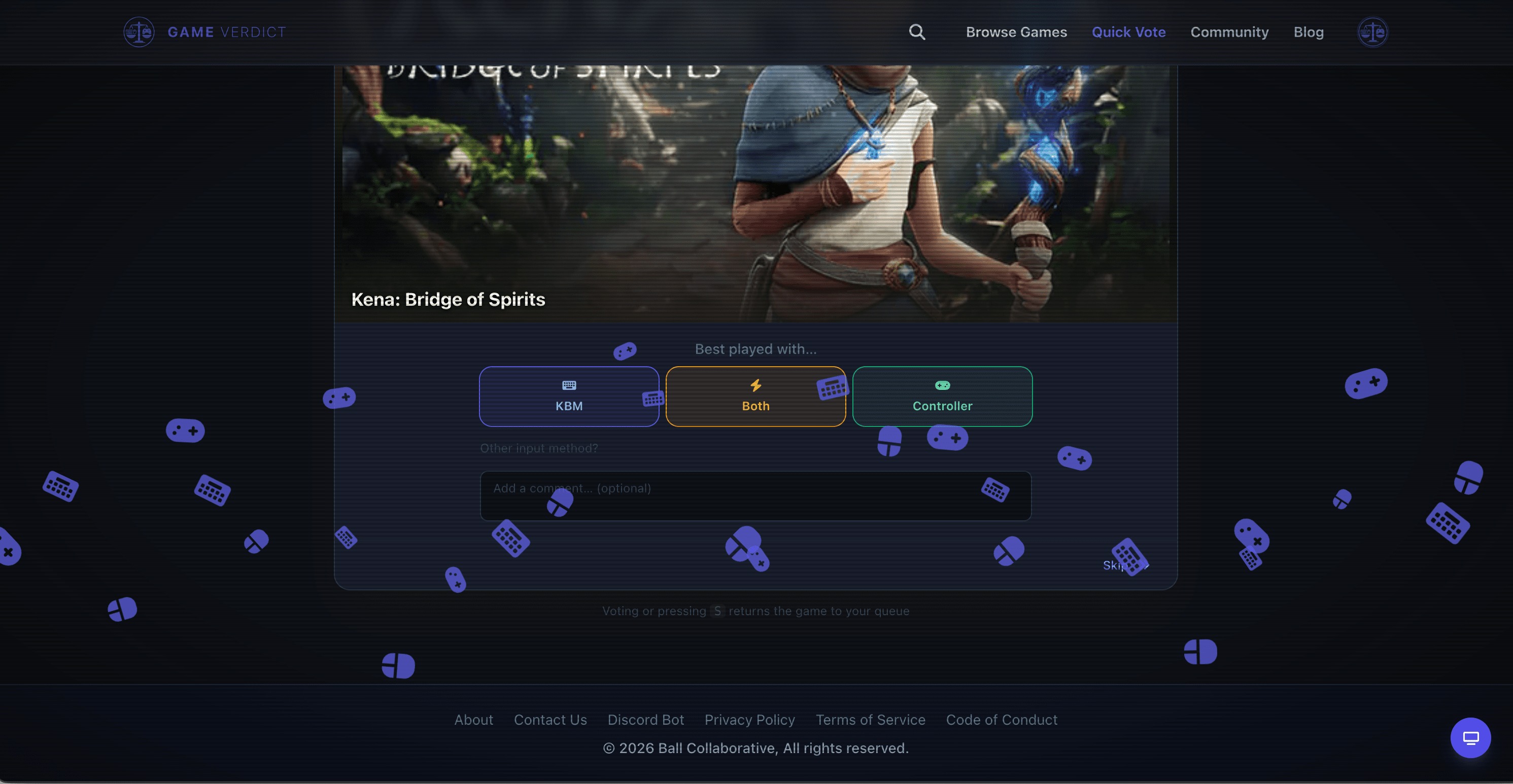 Game Verdict's Quick Vote page with keyboard, mouse and controller icons falling down the screen after entering the Konami code.