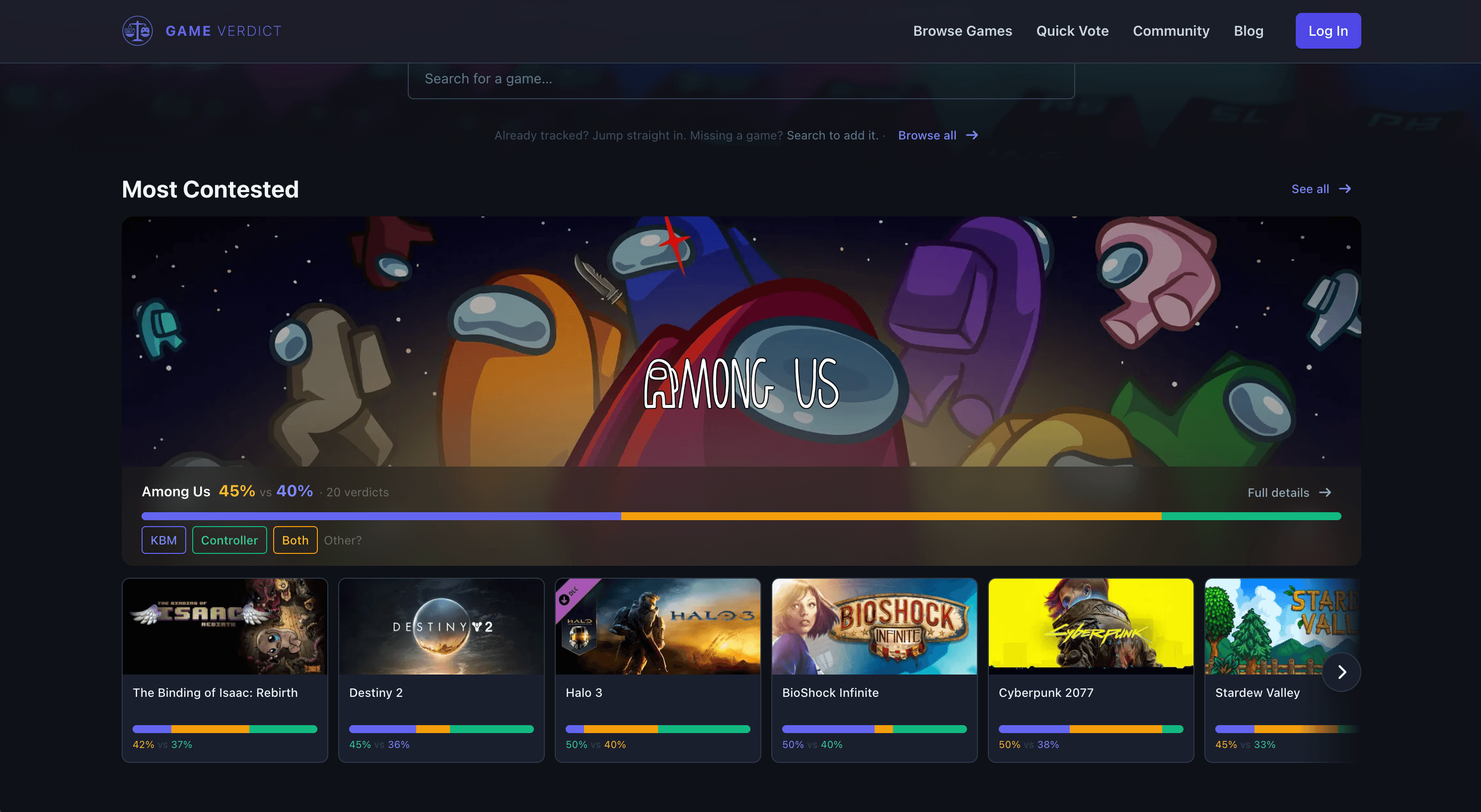 The Most Contested section of the Game Verdict home page, showing Steam hero art with the game logo composited on top, a tricolor vote bar, and inline vote buttons.