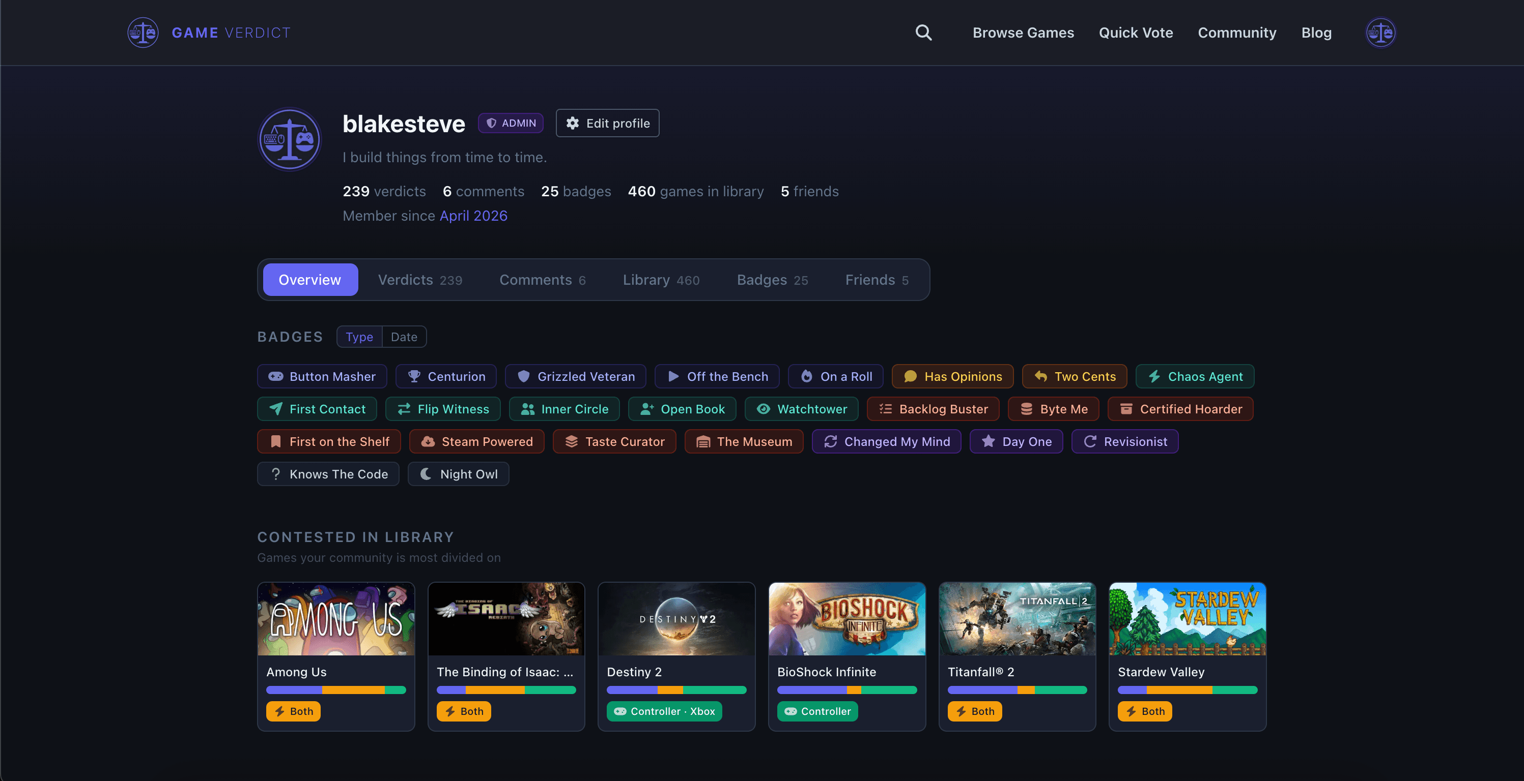 A public Game Verdict profile showing a shelf of earned achievement badges.