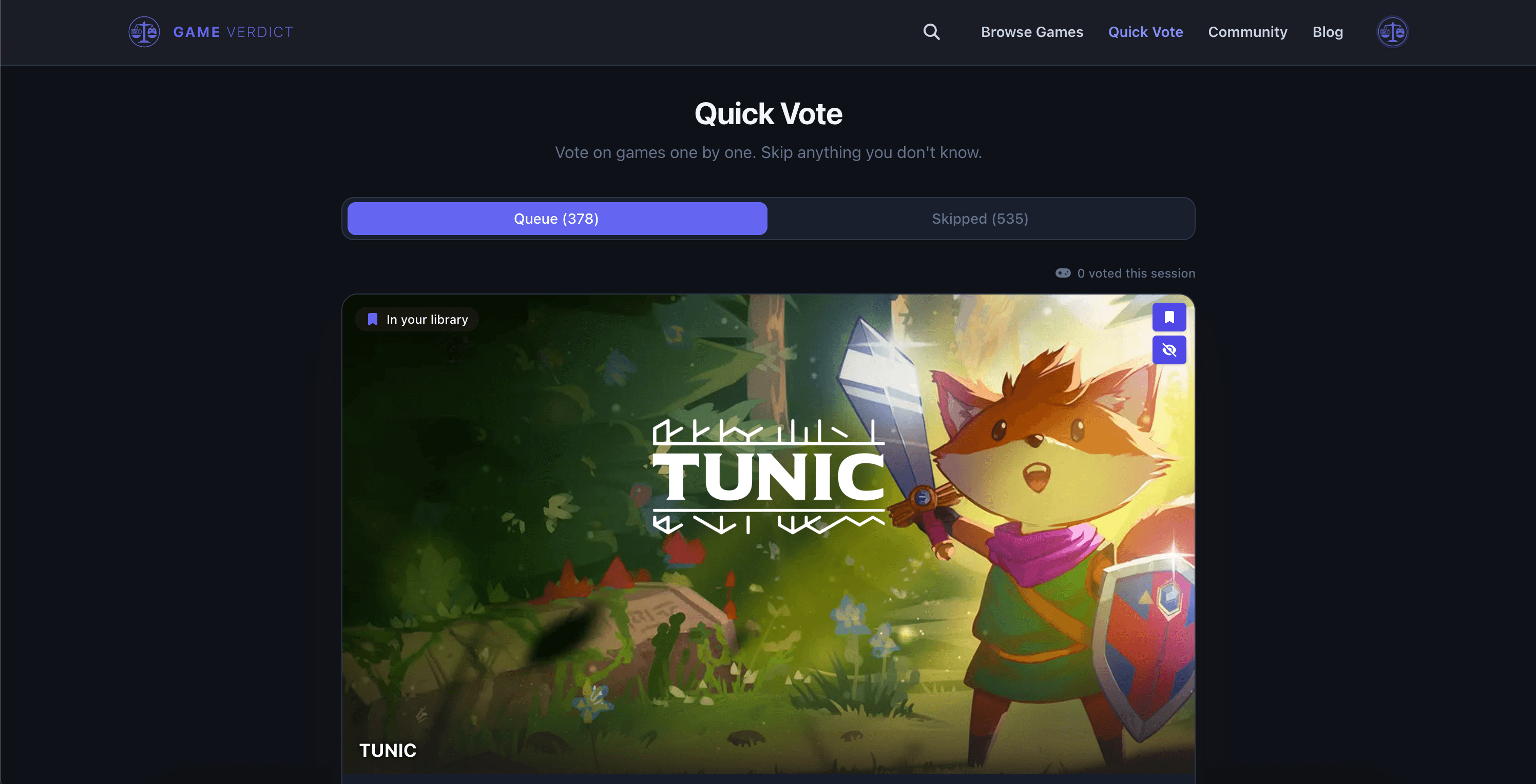 Quick Vote with a synced Steam library: the top card is TUNIC, tagged 'In your library', with a queue of 378 and 535 skipped.
