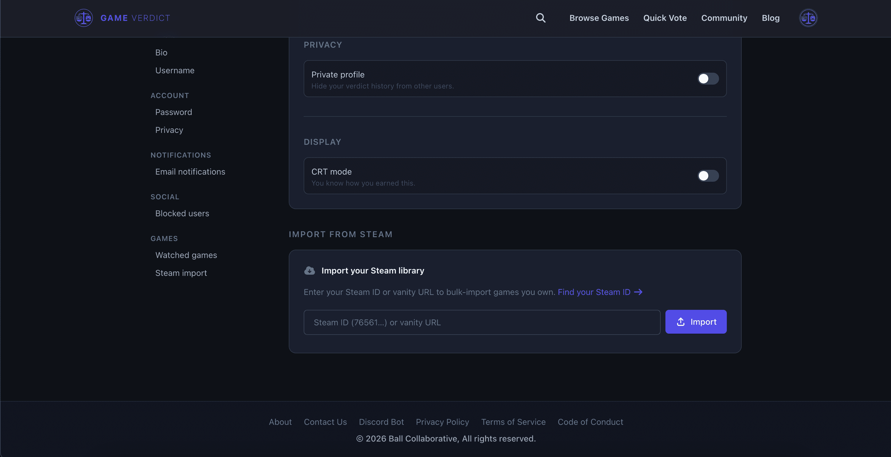 Game Verdict's settings page showing the Steam library import panel and the CRT mode toggle.
