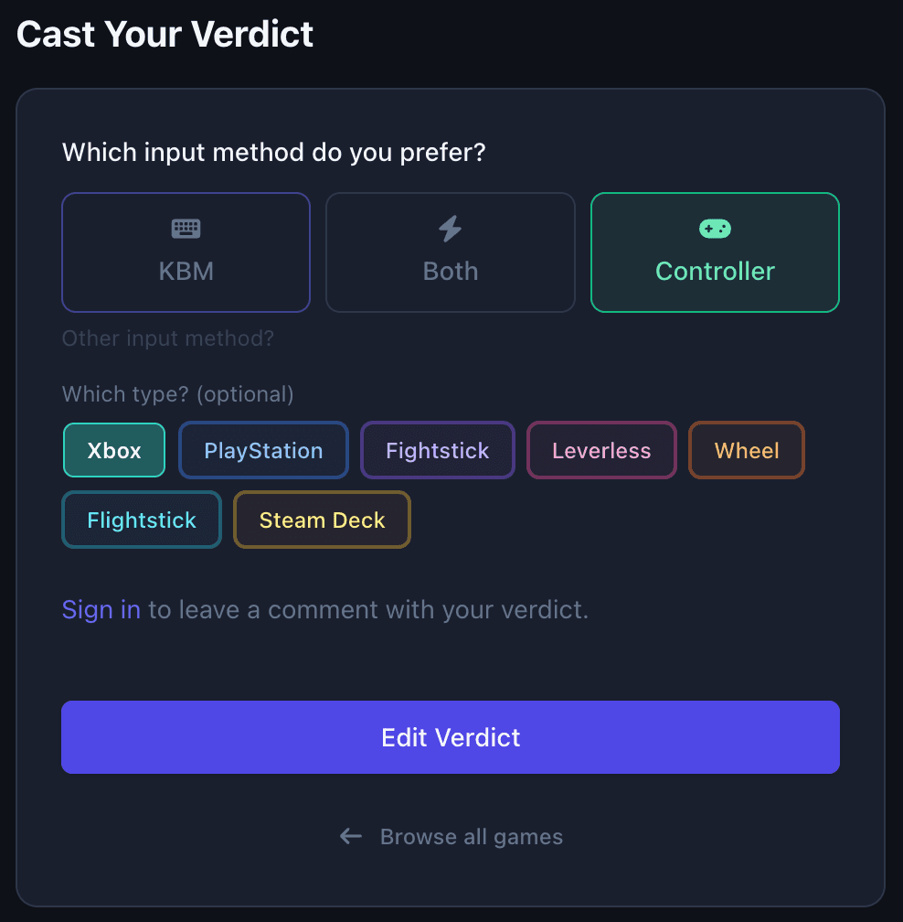 The verdict casting card on a game page, offering Keyboard & Mouse, Controller, Both, and a smaller Other option.