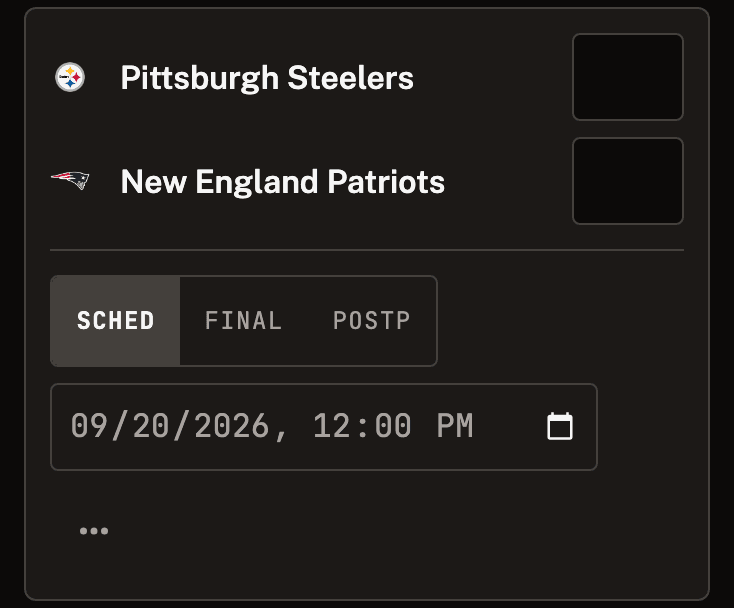 The same card after the fix: no seed boxes, and 'New England Patriots' fits on its line in full.
