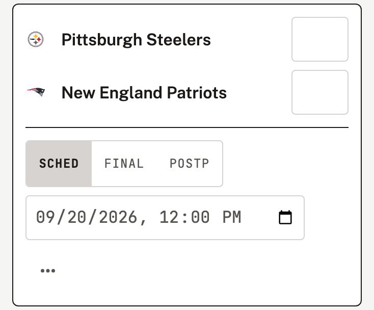 The same card after the fix: no seed boxes, and 'New England Patriots' fits on its line in full.