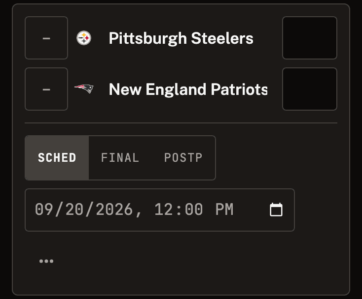 An NFL score card on a phone, Pittsburgh Steelers at New England Patriots. Each team's line starts with an empty seed box marked with a dash, and 'New England Patriots' is cut off at its last letter.