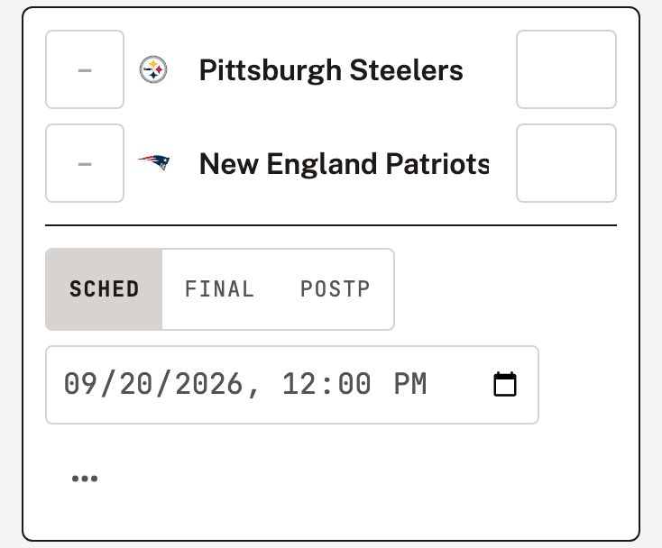 An NFL score card on a phone, Pittsburgh Steelers at New England Patriots. Each team's line starts with an empty seed box marked with a dash, and 'New England Patriots' is cut off at its last letter.