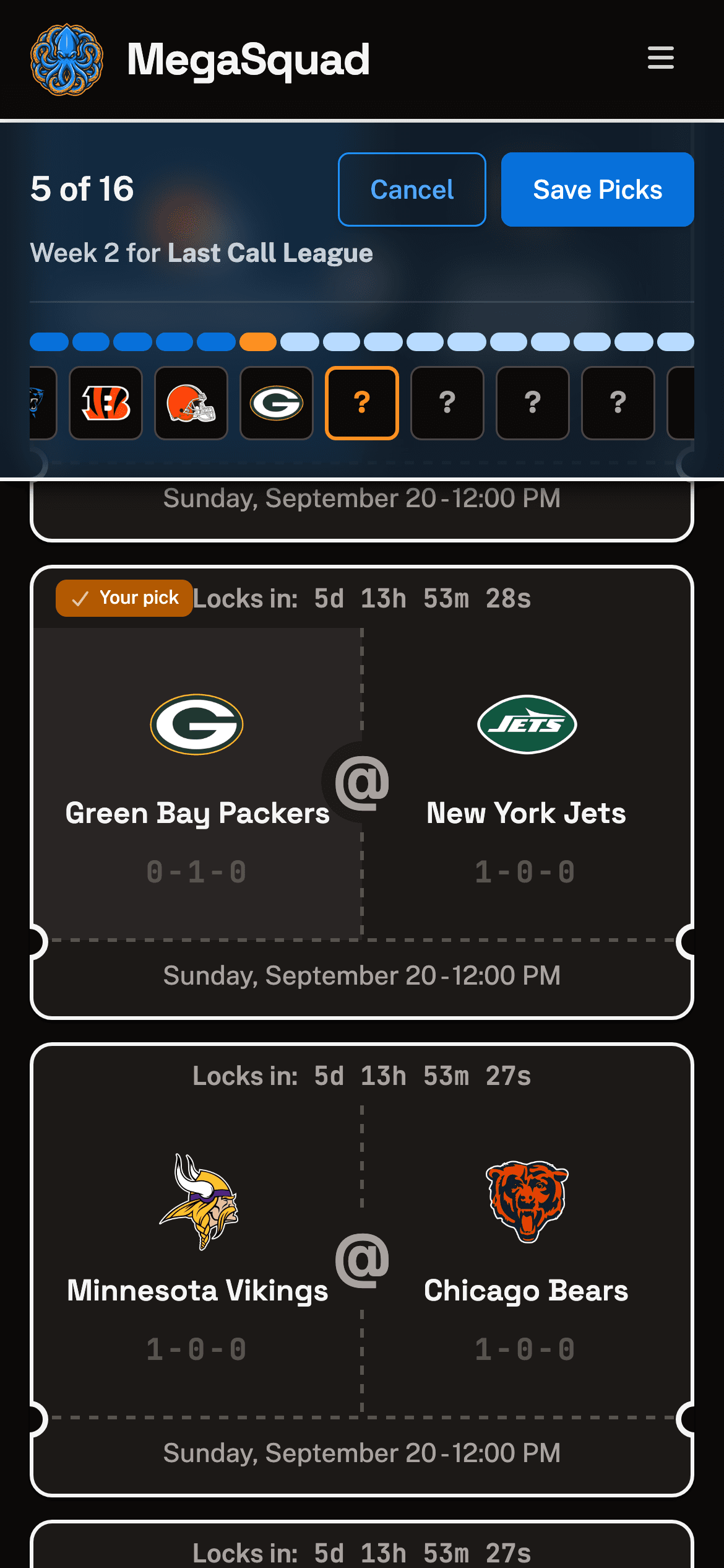 Picking mode on a phone: the sticky bar and its scrolling crest row above a single column of perforated ticket cards.