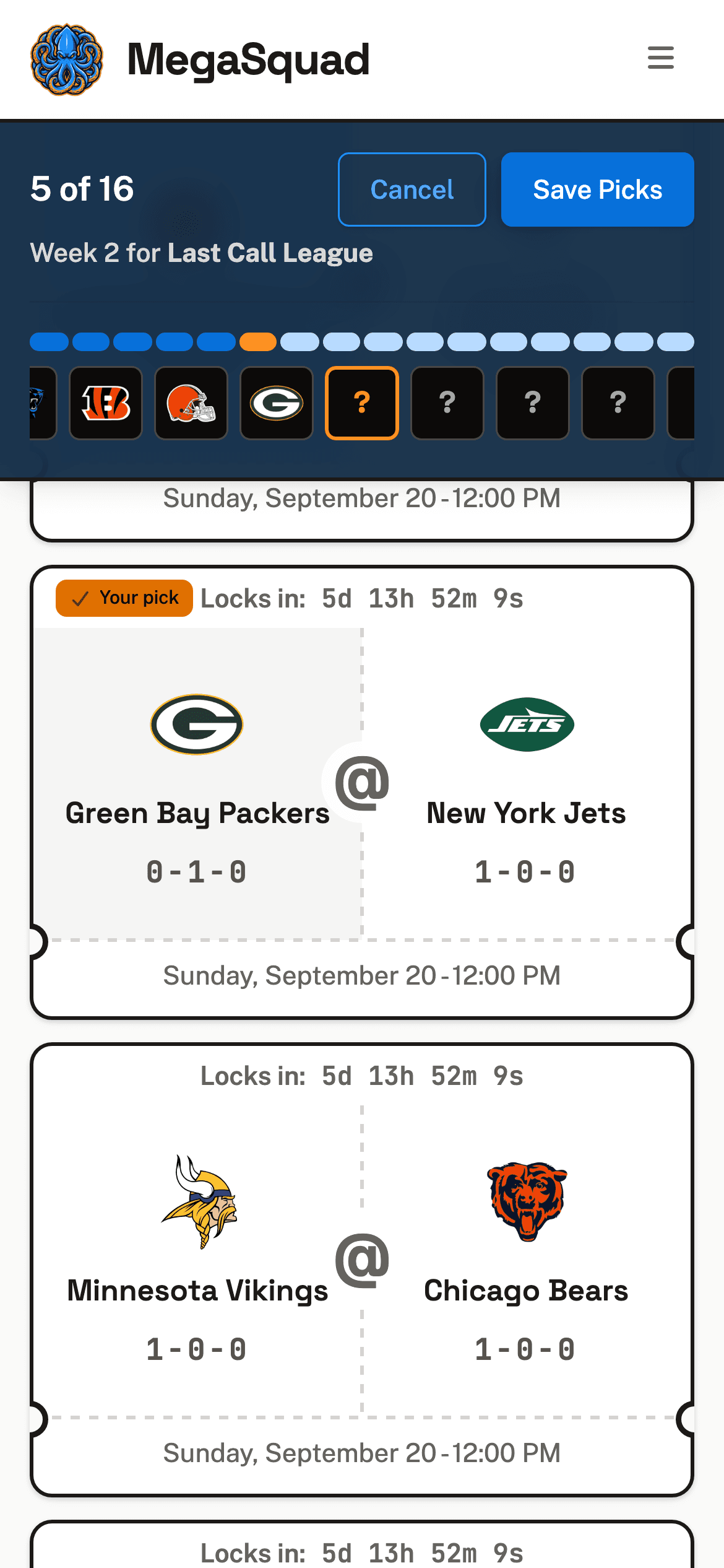 Picking mode on a phone: the sticky bar and its scrolling crest row above a single column of perforated ticket cards.