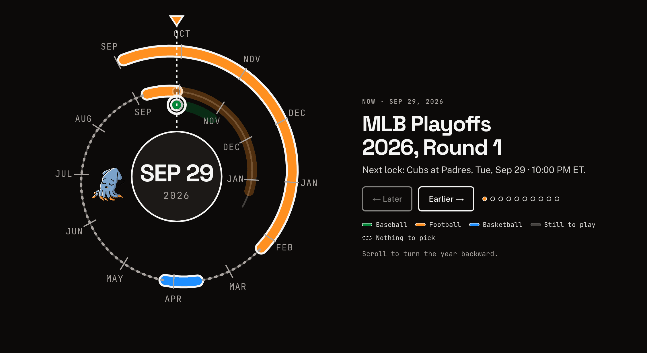 The season dial turned to September 29, 2026. The ring under the pointer sits on the inner green lane of the MLB Playoffs, and the caption beside it reads: Now, MLB Playoffs 2026, Round 1. Next lock: Cubs at Padres.