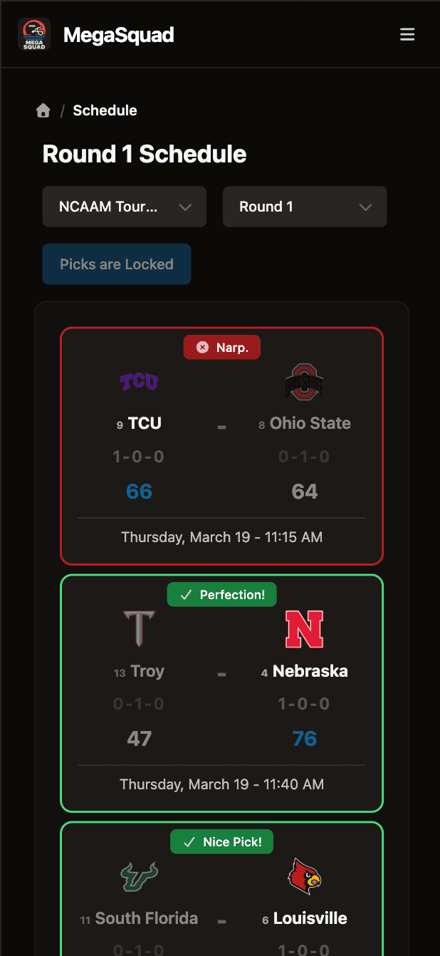The same NCAA tournament schedule on a phone: matchup cards stacked vertically with the result pill centered above each pair of teams.