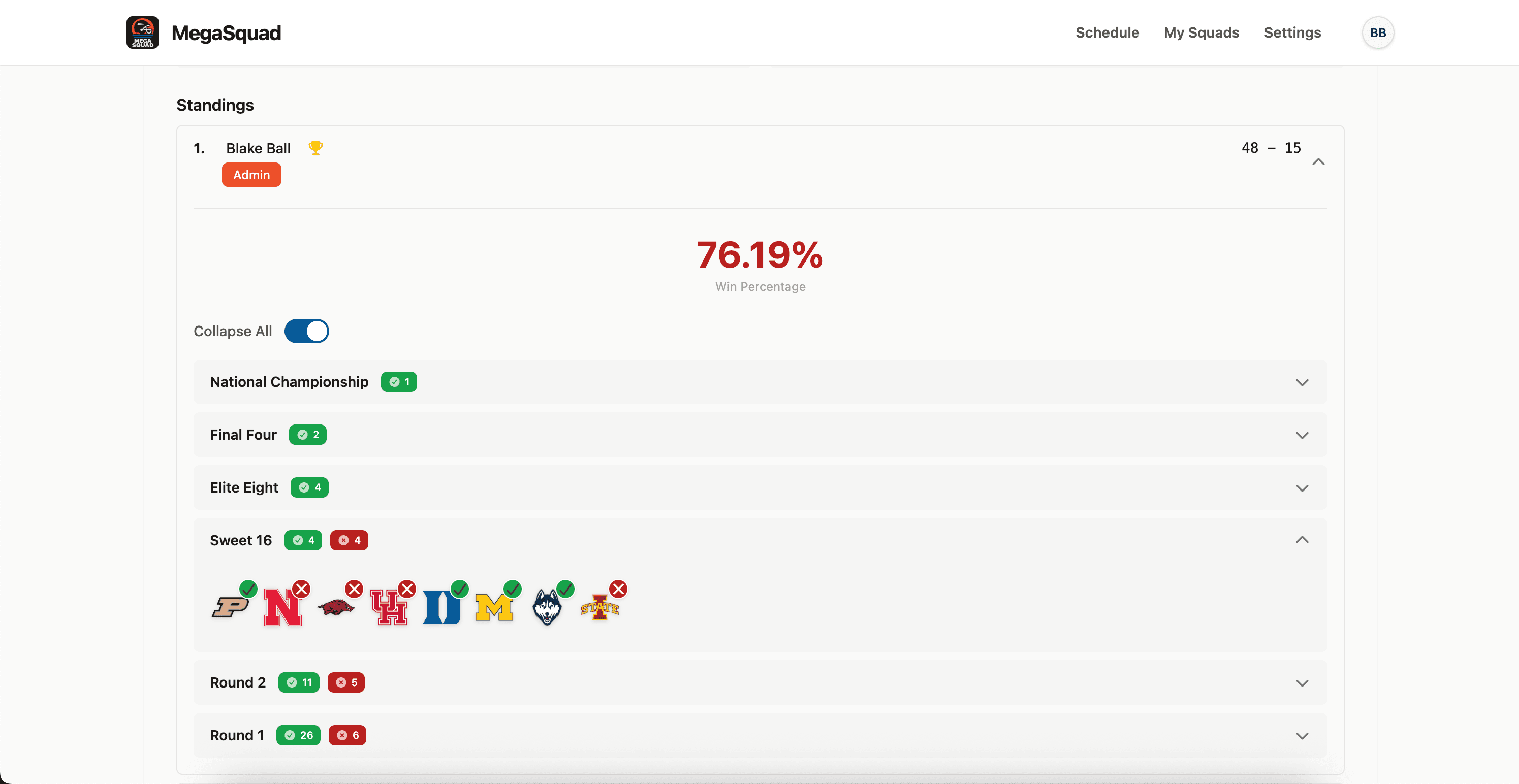 An expanded MegaSquad standings row showing 76.19% win percentage and a per-round breakdown; the Sweet 16 row displays eight team logos, each badged with a green check or a red X.