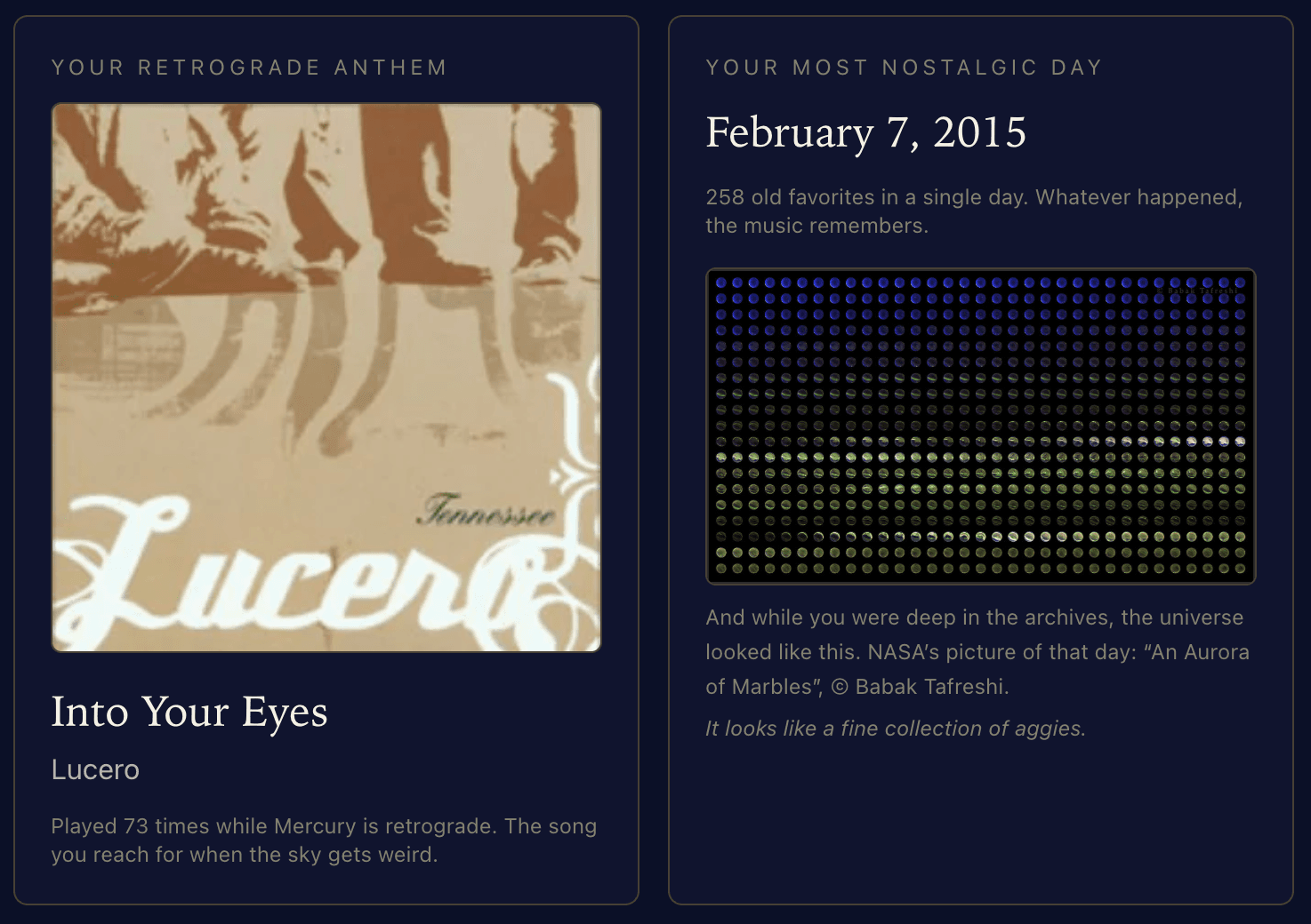 Two cards: a retrograde anthem showing Into Your Eyes by Lucero with album art, and a most nostalgic day of February 7, 2015 with NASA's Astronomy Picture of the Day for that date.