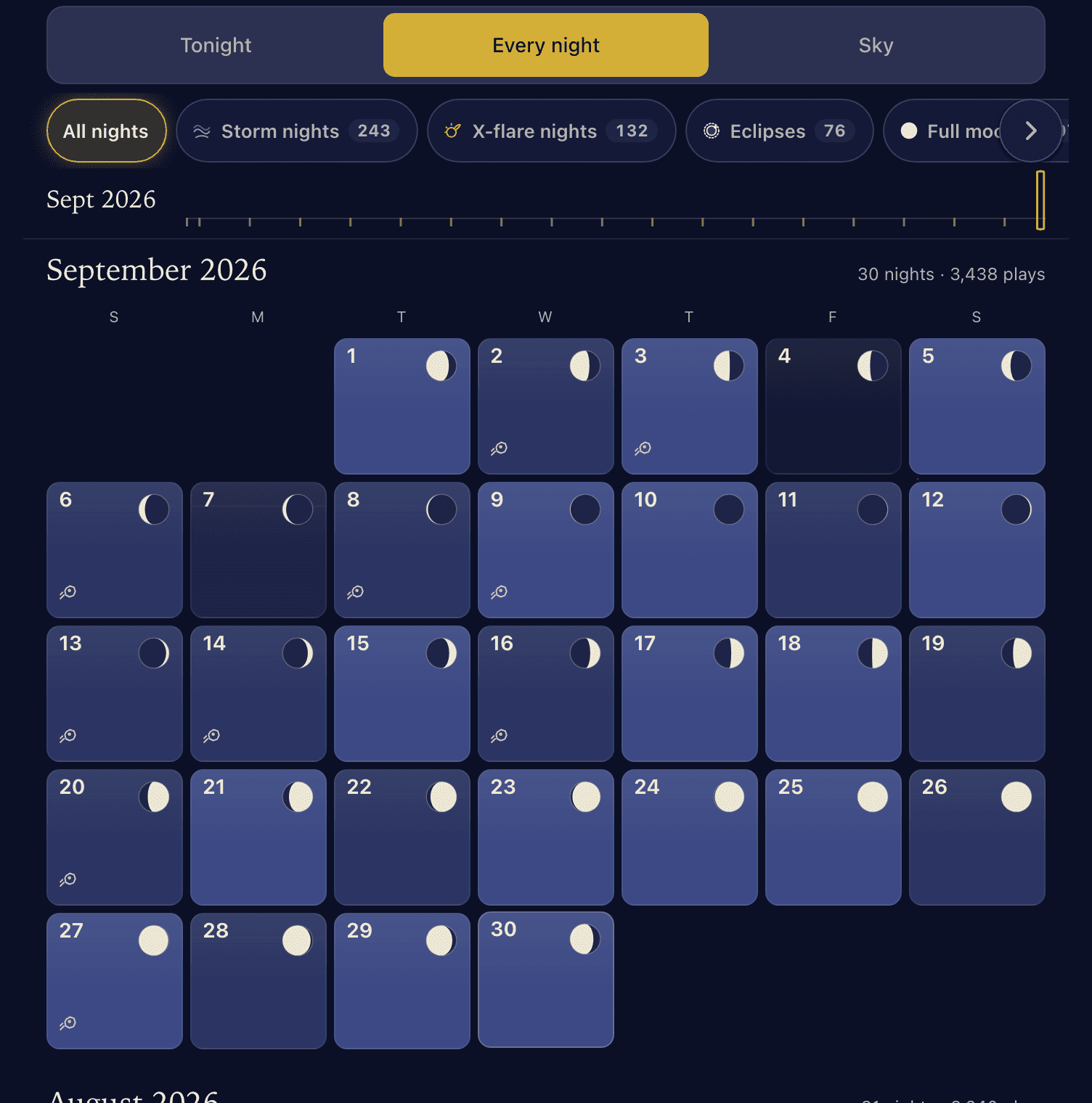 The Every night view: filter chips for all nights, 243 storm nights, 132 X-flare nights, 76 eclipses and full moons, above a calendar of September 2026 where each night carries its moon phase.