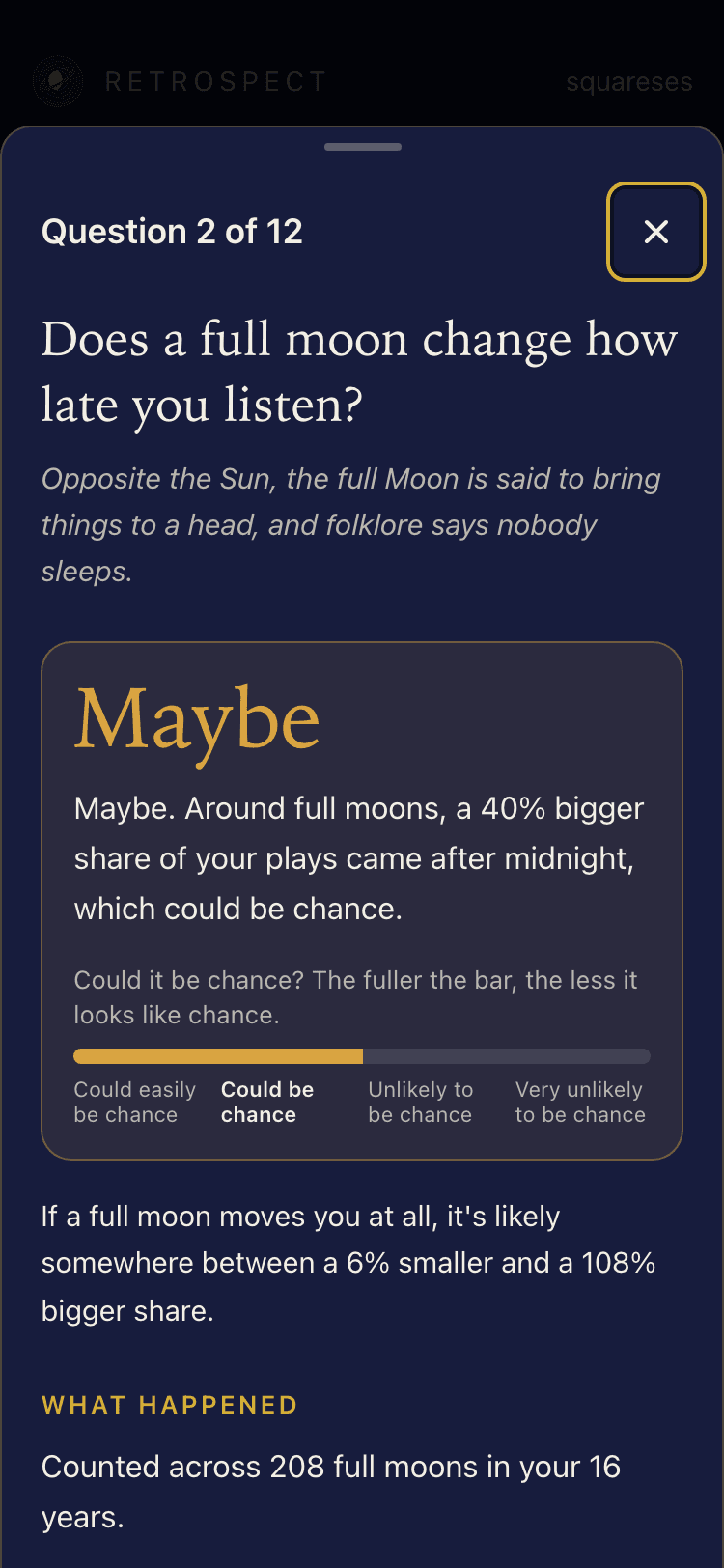 The same full moon question on a phone, reading Maybe with the chance bar and the range.