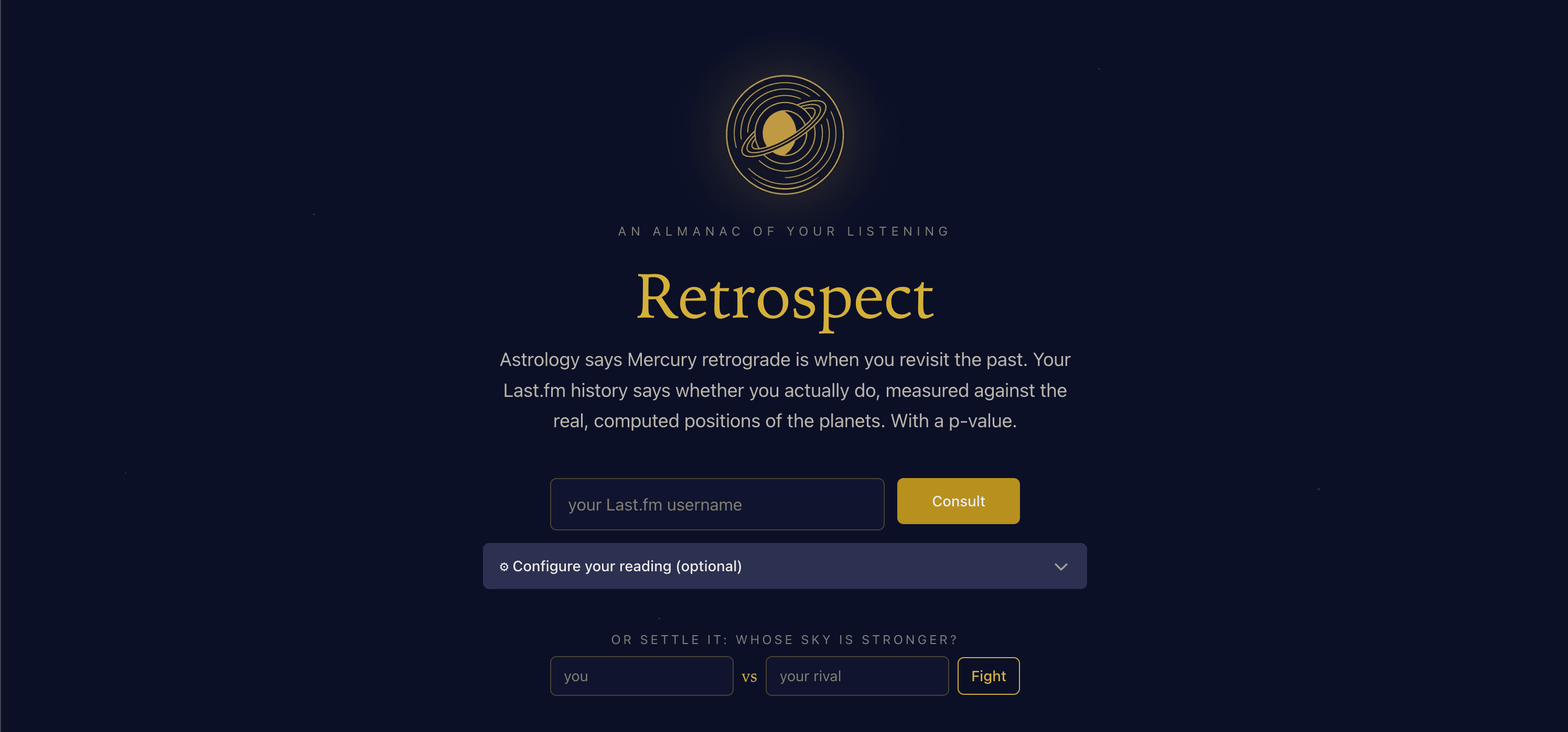 Retrospect's landing page: a gold Saturn mark on deep navy, the wordmark, and a single field asking for a Last.fm username.