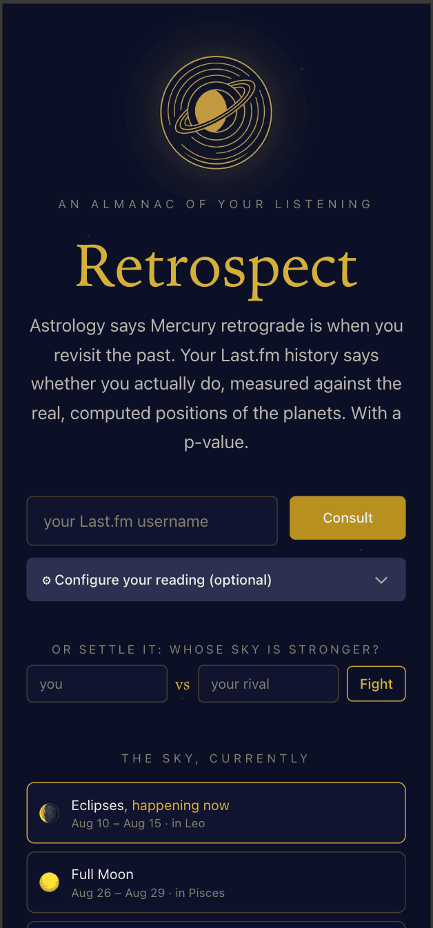 Retrospect's landing page on a phone: the Saturn mark, wordmark, and username field stacked to a narrow screen.