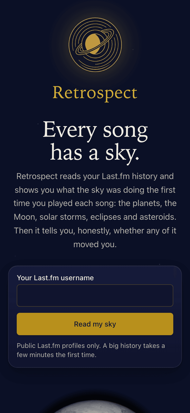 Retrospect's landing page on a phone: the Saturn mark, the headline, and the username field stacked on a narrow screen.