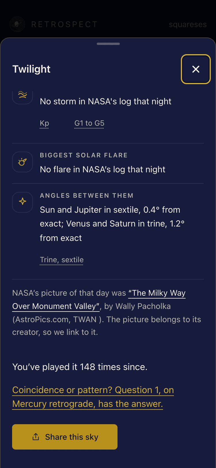 A song sheet on a phone for Twilight: the night's space weather, NASA's picture of that day, 'You've played it 148 times since.', and a link reading 'Coincidence or pattern? Question 1, on Mercury retrograde, has the answer.'