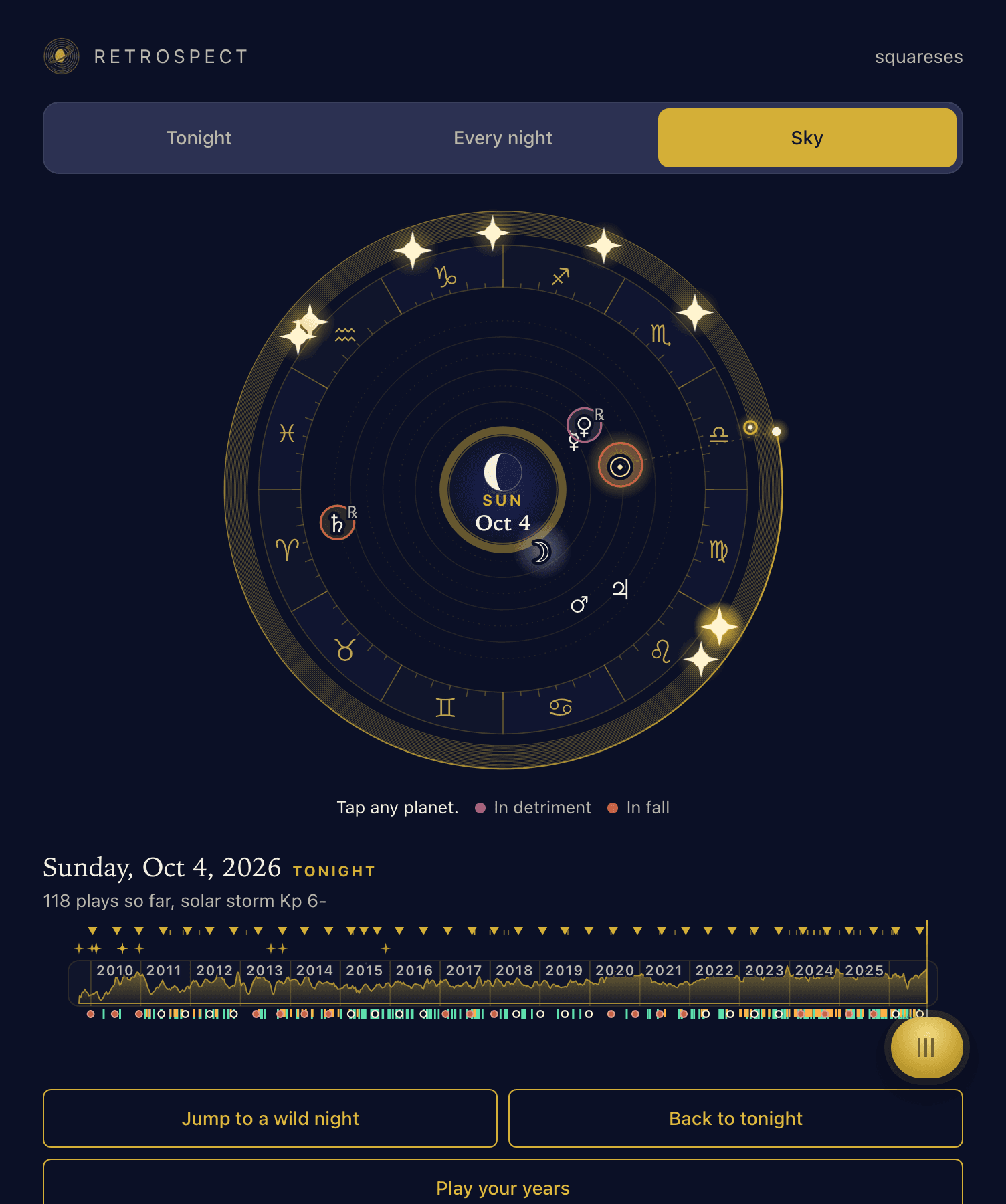 The Sky view: a large zodiac wheel with tonight's planets and the date in its center, above a timeline of plays since 2009 with markers for events along it.