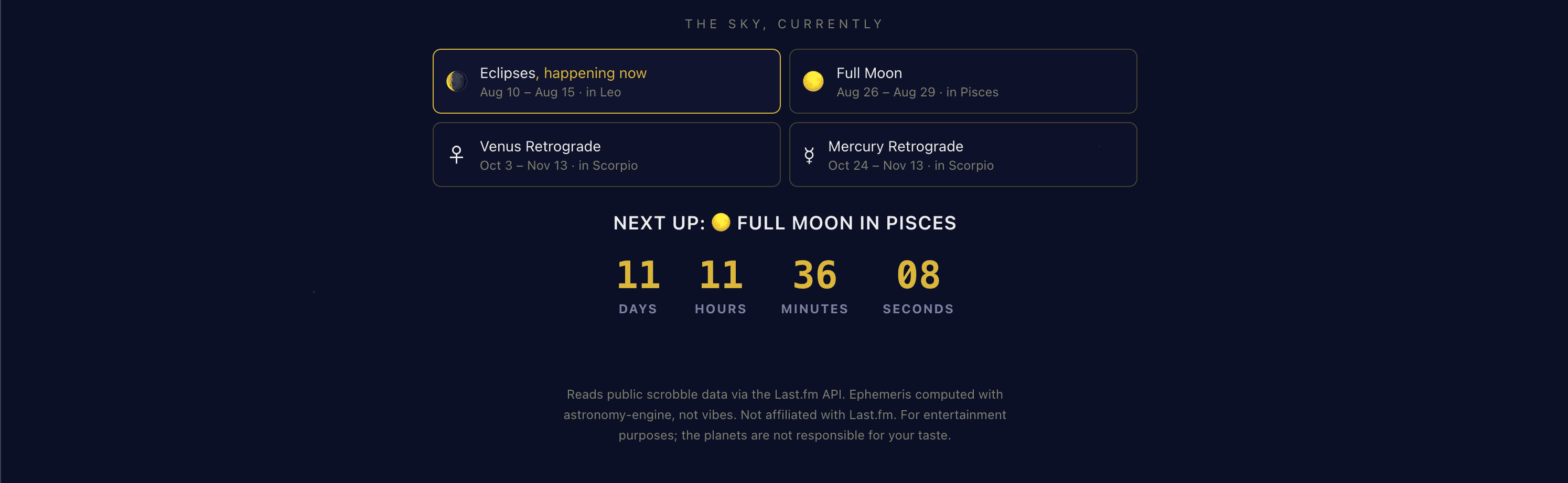 Four cards showing current sky events with date ranges and zodiac signs, above a live countdown reading 11 days, 16 hours, 34 minutes to the next full moon.
