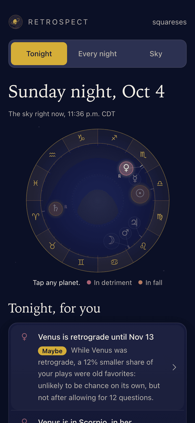 The Tonight view on a phone: the three view tabs, 'Sunday night, Oct 4', the wheel of tonight's sky, and the first row of 'Tonight, for you'.
